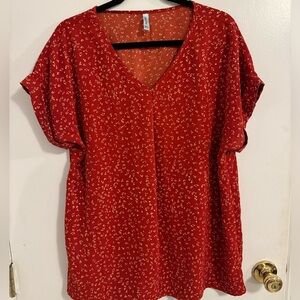 Red Floral V Neck Top Size XL